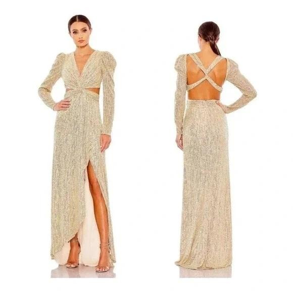 Mac Duggal Metallic Puff Sleeve Front Twist‎ Cut-Out Gown in Gold Size 6 NEW - Picture 1 of 12